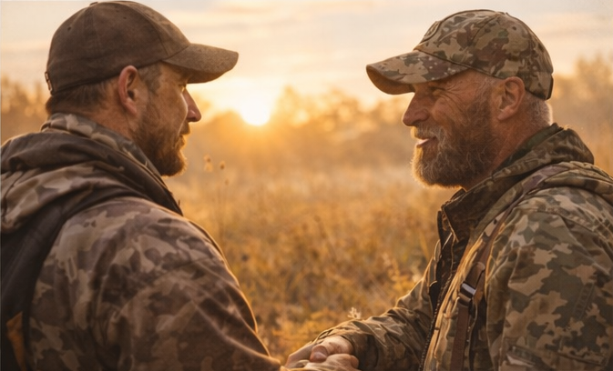 Warm outdoor scene representing healing and camaraderie among veterans and first responders